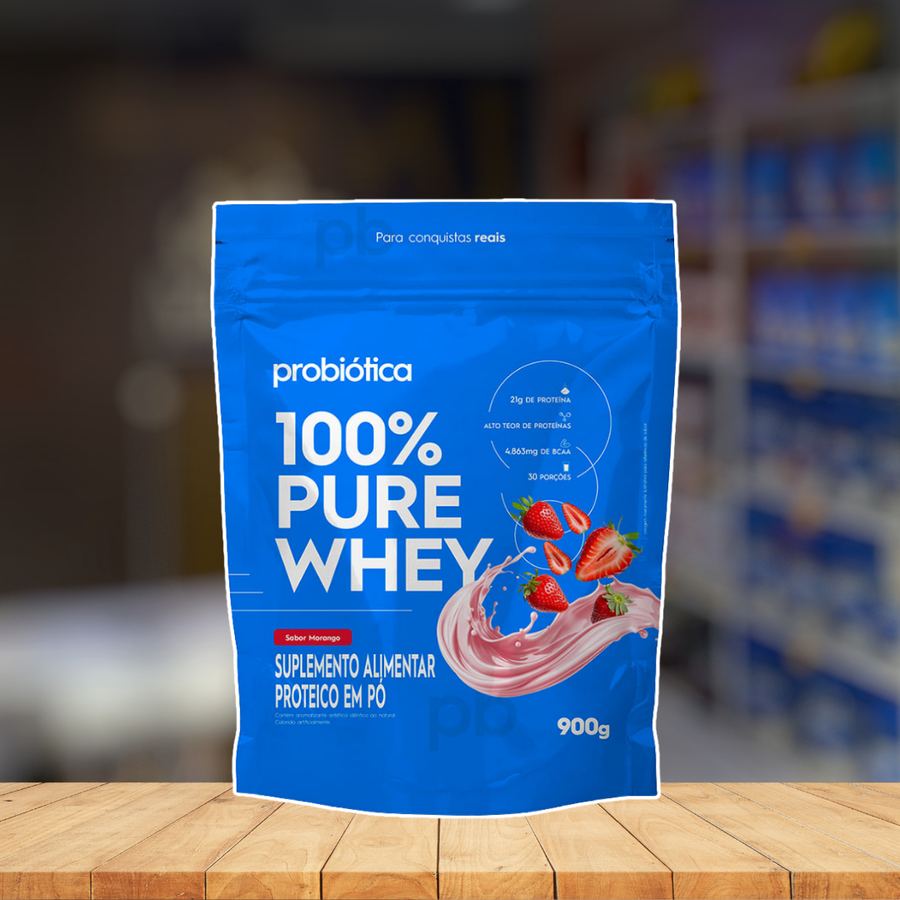 100% PURE WHEY MORANGO SACHÊ 900G PROBIÓTICA